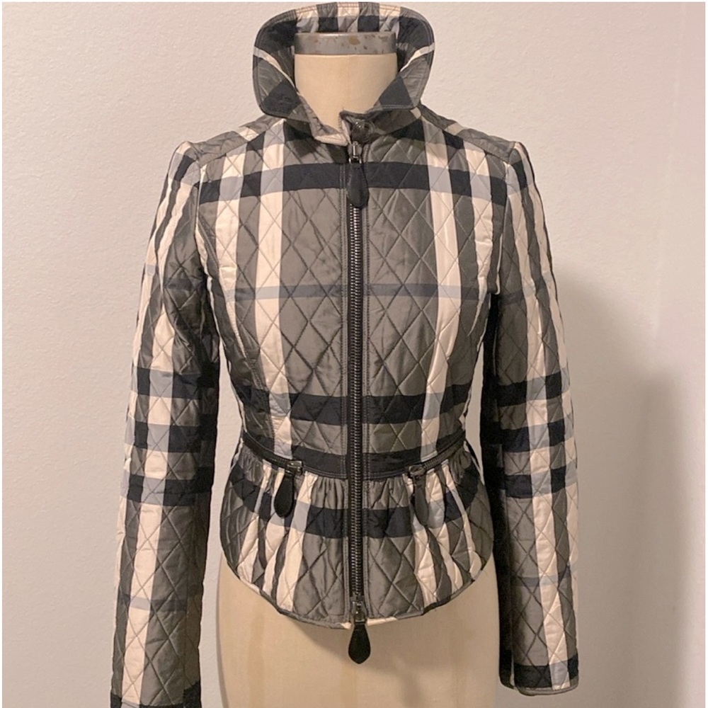 BURBERRY FITTED PEPLUM QUILTED JACKET.l, SIZE 4